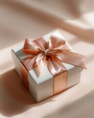 Luxury gift box wrapped in gold ribbon on white background, festive composition highlighting celebration, elegance, and the refined charm of modern holiday gifting culture