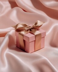 Gift box wrapped in pink satin ribbon on soft background, minimalist holiday composition highlighting love, celebration, and the elegant charm of modern gift giving culture