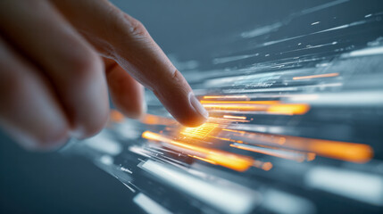Human finger interacting with futuristic glowing touchscreen interface symbolizing advanced technology and digital innovation with dynamic light effects