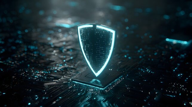 Glowing shield with binary code protects digital circuit board.