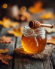 Glass jar of honey with wooden dipper under warm lighting, cozy editorial composition highlighting comfort, sweetness, and the authentic charm of homemade food culture