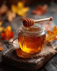 Honey jar with cinnamon sticks and warm bokeh background, editorial composition highlighting sweetness, comfort, and the cozy charm of homemade culinary tradition culture
