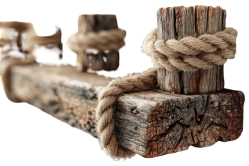 Weathered wood pier piling secured with thick rope