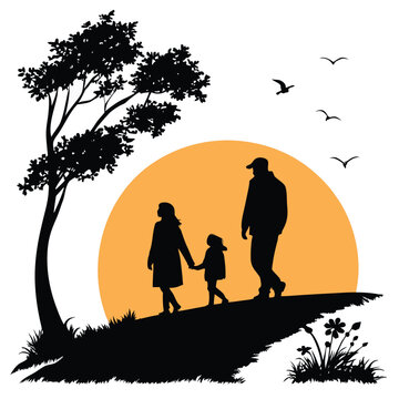Family watching sunset silhouette