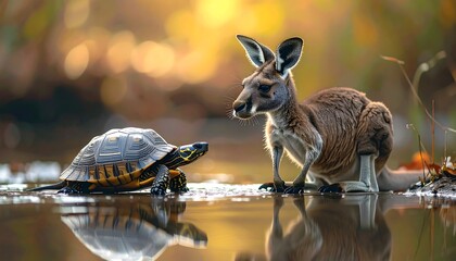 A kangaroo and turtle in the water at eye level, warm lighting
