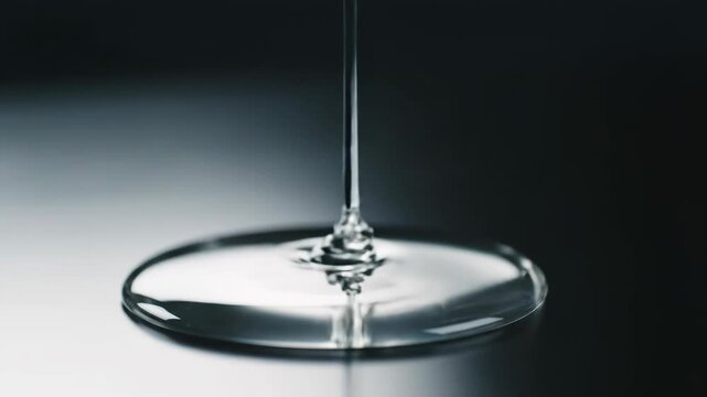 Closeup of clear liquid dripping from a metal nozzle, creating a droplet on a reflective surface vector illustration