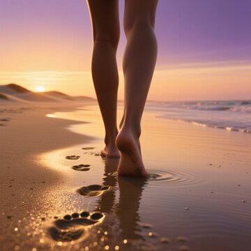 Vista trasera de pies descalzos caminando por la orilla del mar al atardecer. Las huellas se reflejan en la arena h&uacute;meda bajo cielo p&uacute;rpura y naranja. Concepto libertad, paz, conexi&oacute;n con naturaleza