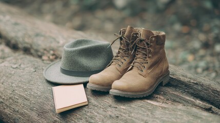 Boots, Hat, and Journal: Outdoors Lifestyle Still Life