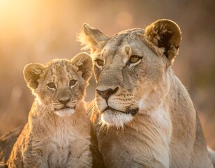 Fototapeta premium A lioness and her cub bask in the golden hour's soft light