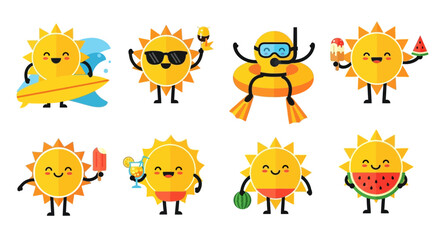 Collection of cartoon sun characters enjoying summer activities like surfing, swimming, diving, drinking cocktails, and eating ice cream and watermelon.