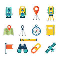 A collection of surveying and mapping icons featuring equipment, tools, and symbols in a flat vector style.