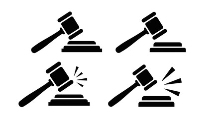 Four gavel icons in black and white, some with sound waves indicating striking action.