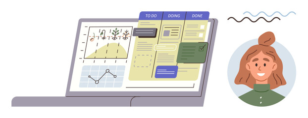 Open laptop showing task management board, analytics charts, and tabs for progress tracking. Female team member icon. Ideal for productivity, collaboration, planning, workflow, analytics teamwork