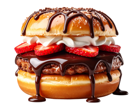 Realistic Sweet Dessert Burger with Chocolate Drizzle and Strawberry Filling - Powered by Adobe