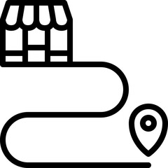Outline Graphic Illustrating a Storefront Connected by a Winding Path to a Location Pin Symbol Representing Food Delivery Services and Logistics