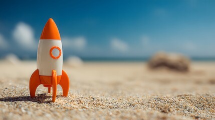 Small rocket stands on sandy beach against blue sky and ocean.