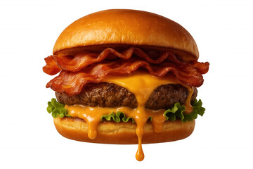 Juicy bacon cheeseburger with melted cheddar cheese dripping, fresh lettuce, and grilled beef patty on a toasted bun