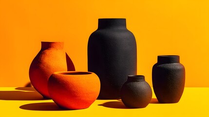 Diverse ceramic vessels are arranged on a vibrant yellow surface against an orange backdrop.