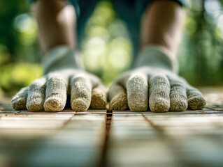 Hands wearing textured work gloves carefully placing or adjusting tiles on a surface in a bright outdoor setting with natural green background blur