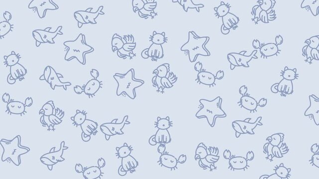 Doodle Animal Pattern with Cats Birds Sharks Crabs and Stars