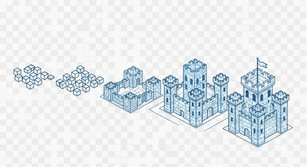 An isometric illustration showing the progressive stages of building a medieval castle from individual blocks.