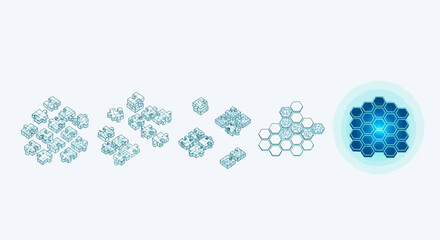 Visual representation of the formation of a structure, starting from individual elements and culminating in a complex arrangement.