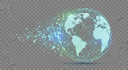 Futuristic glowing Earth globe dissolving into a trail of digital particles, symbolizing global connectivity and speed.