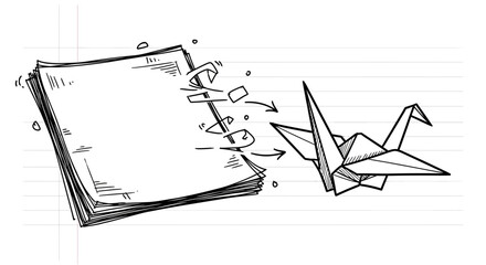 Creative concept sketch showing a stack of paper transforming into an origami crane.