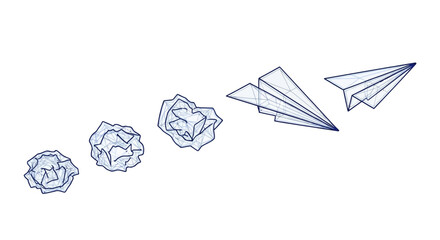 Illustration showing the evolution from crumpled paper balls to a paper airplane in flight.