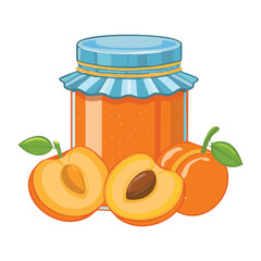 Single glass jar of delicious, colorful peach jam with fresh ripe fruit slices ready for eating - Vector Illustration