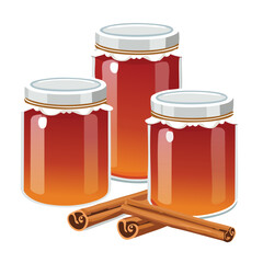 Group of classic, round glass jars filled with deep red and amber colored fruit jams, symbolizing wholesome, traditional, natural homemade preserves - Vector Illustration