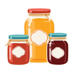 Set of brightly labeled jars containing cherry, orange, and mixed berry jam, perfect for illustrating a colorful range of traditional fruit preserves - Vector Illustration