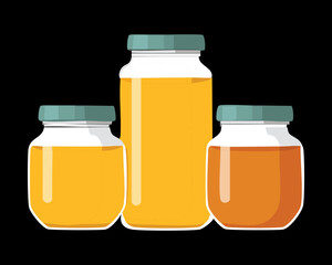Group of smooth, rounded glass jars containing bright yellow honey, depicting various sizes for retail display of natural, organic, healthy, sweet food - Vector Illustration