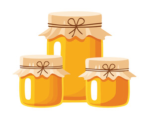 Three different sized glass jars of premium honey grouped together, perfect for showcasing a family of delicious sweet natural products from the hive - Vector Illustration