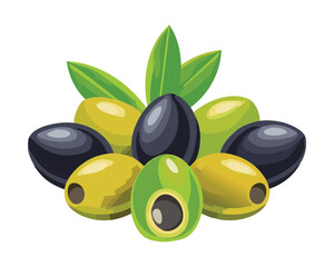 An appetizing pile of smooth green and black whole olives, accompanied by a small olive branch with fresh, vibrant leaves - Vector Illustration

