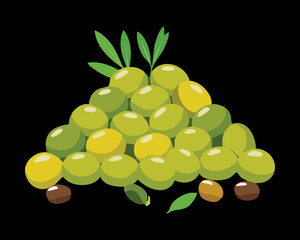 Large heap of whole, ripe green olives with fresh leaves, excellent for mediterranean cooking or a gourmet, healthy snack - Vector Illustration