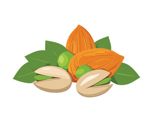A perfect pairing of whole almonds and pistachios with fresh green leaves, showcasing healthy, natural, and rich ingredients - Vector Illustration