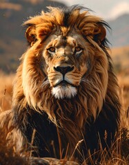 Naklejka premium A majestic lion with a golden mane gazes intently in a grassy savanna