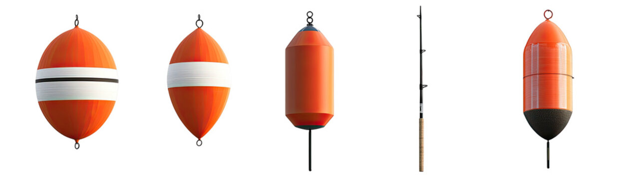 Orange floating buoys of varied designs, all with anchors