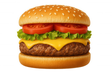 Cheeseburger with beef patty, melting cheddar cheese, fresh lettuce, and ripe tomato slices on toasted sesame bun, transparent background