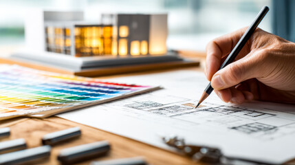 Architectural design planning with color swatches and model in developer's workspace