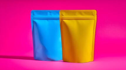 Two empty zipper pouches in vibrant blue and yellow colors stand against pink.