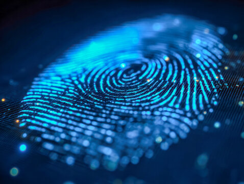 Digital fingerprint with glowing blue patterns and futuristic design