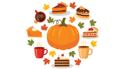 Celebrate the vibrant autumn season with delicious pumpkin pie, cakes and hot coffee, perfect for Thanksgiving and fall holiday gatherings