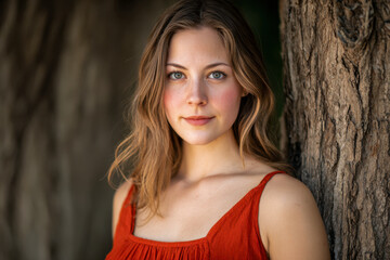 Naklejka premium Young woman with natural makeup wearing an orange sleeveless dress leaning against a textured tree trunk with a soft blurred background outdoors in daylight