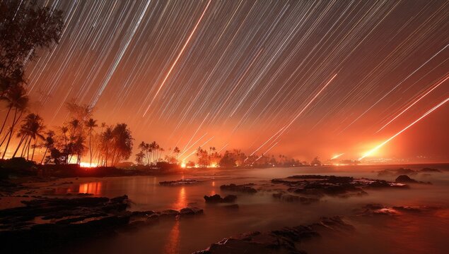 Coastal scene with star trails over a fiery horizon, palms silhouetted, and reflective water