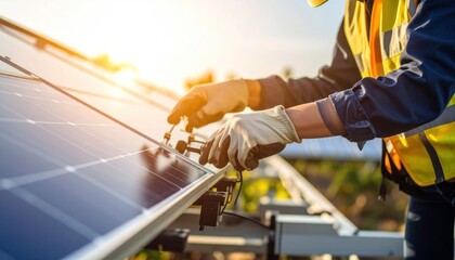 Solar Panel Technician Installing PV Modules with Renewable Energy.