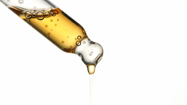 Closeup of a glass dropper with golden serum and bubbles, dripping a single drop against a clean white background vector illustration