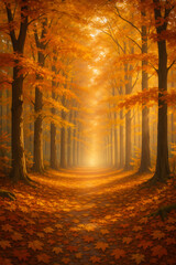 가을숲(Autumn Forest), 낙엽길(Fallen Leaves Path),황금빛빛(Golden Light), 자연풍경(Nature Landscape), 숲속길(Forest Road), 가을분위기(Autumn Mood), 햇살(Sunlight Rays), 평화로운자연(Tranquil Nature), 배경이미지(Background Image), 따뜻한톤