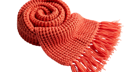 Rolled up orange knitted scarf with fringe isolated on transparent background